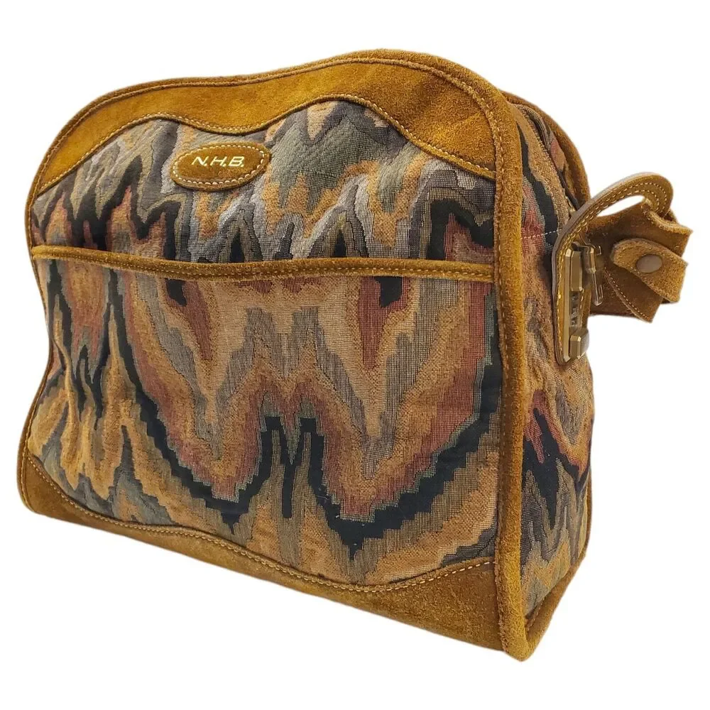 Vintage NEIMAN MARCUS Travel Bag Brown Suede Tapestry Geometric Oversize Padlock